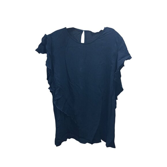 Express Solid Black  Short Sleeve with Ruffles Crew Neck Womens Shirt Size‎ XL - Picture 2 of 4